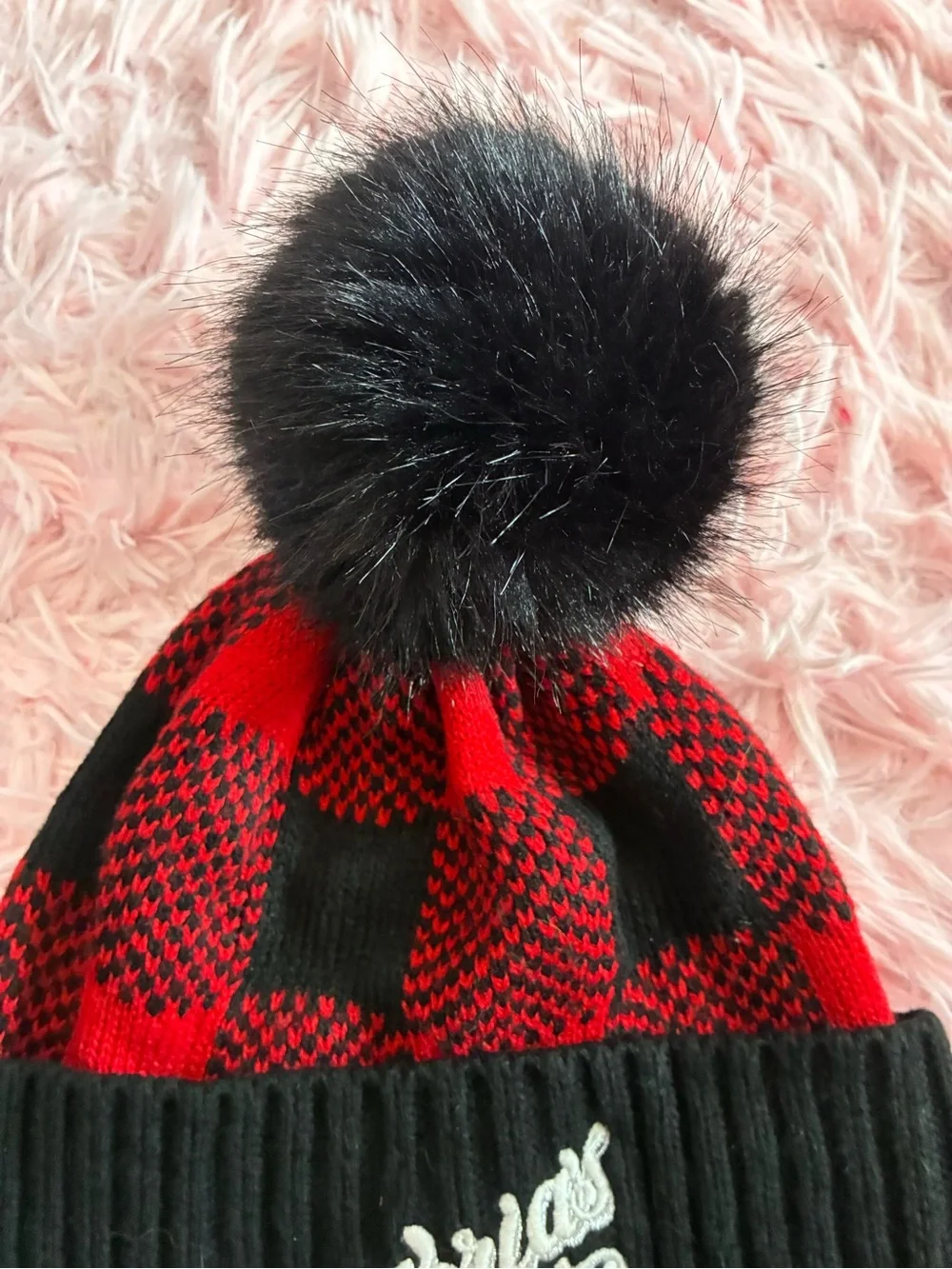 Victoria's Secret Black & Red Pom-Pom Kids Beanie